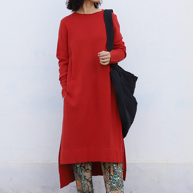 Asymmetrical Side Slits Casual Dress Long Sleeve Plain Knitwear in Red ...