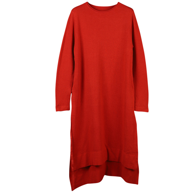Asymmetrical Side Slits Casual Dress Long Sleeve Plain Knitwear in Red ...