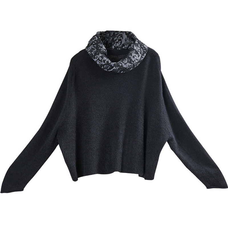 Loose Style Jacquard Sweater Long Sleeve Turtle Neck Jumper in Black ...