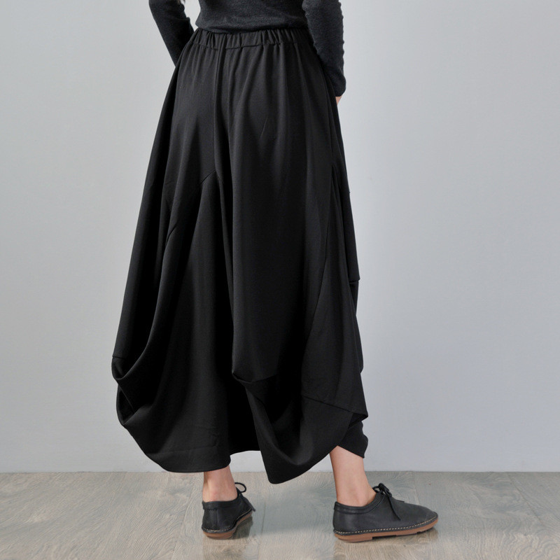 Straight Pocket Loose Asymmetrical Draped Skirt Black Maxi A-Line Skirt ...