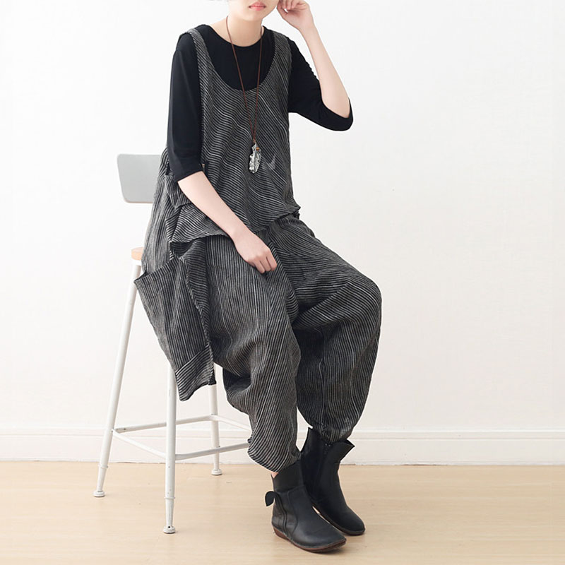 Crew Neck Asymmetrical Vest with Linen Striped Harem Pants in Top and ...