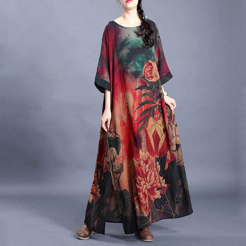 Peony Printed Plus Size Slit Dress Spring Vintage Maxi Dress in Flowers ...