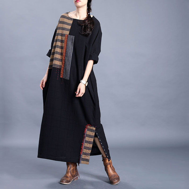 Striped Patchwork Cotton Linen Caftan Plus Size Black Jellabiya in ...