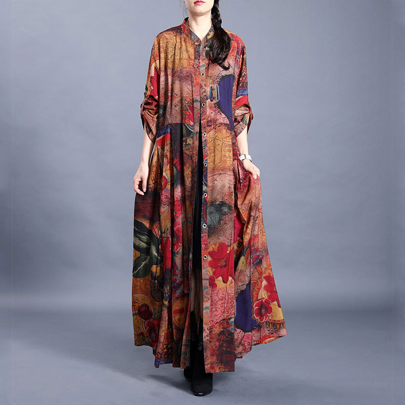 Colorful Flowers Tie Knot Shirt Dress Silky Modest Caftans in Reddish ...