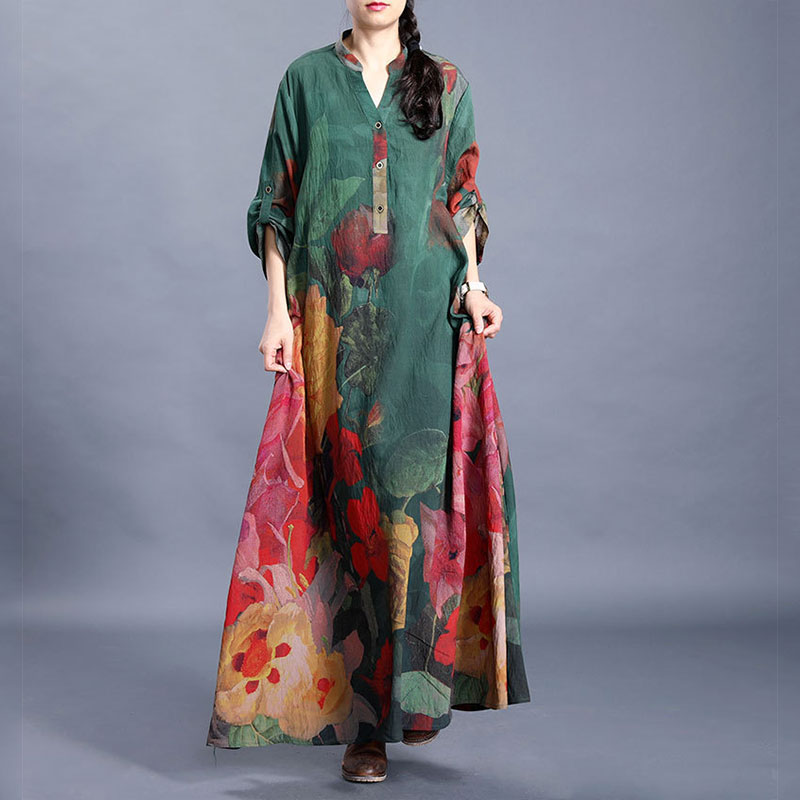 Modest Fashion Red Flowers Green Dress Loose Silk Resort Wear in Dark ...