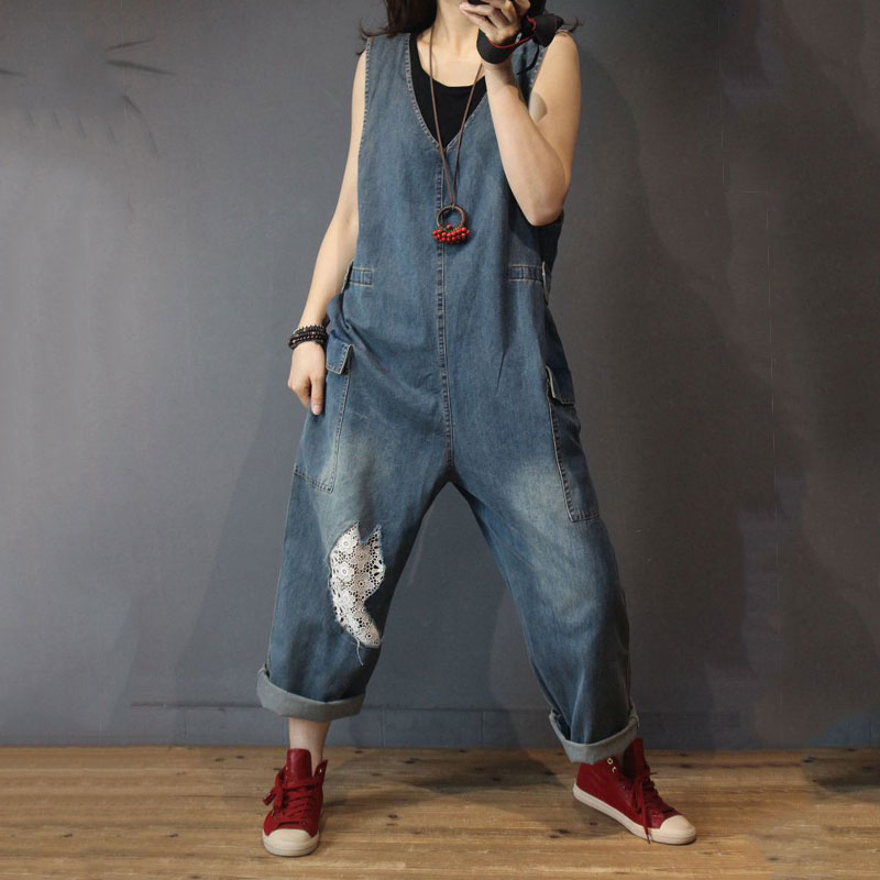 V-Neck Lace Patchwork Jumpsuits Denim Sleeveless Overalls in Dark Blue ...