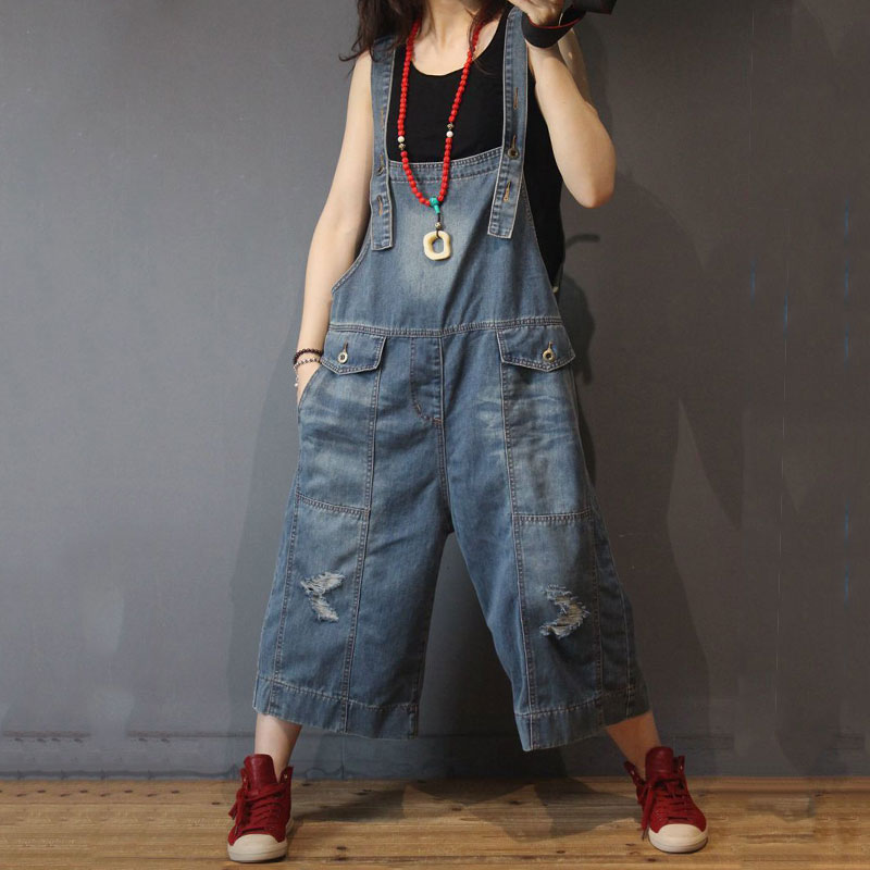 Flap Pockets Wide Leg Dungarees Distressed Jean Overalls in Blue One ...