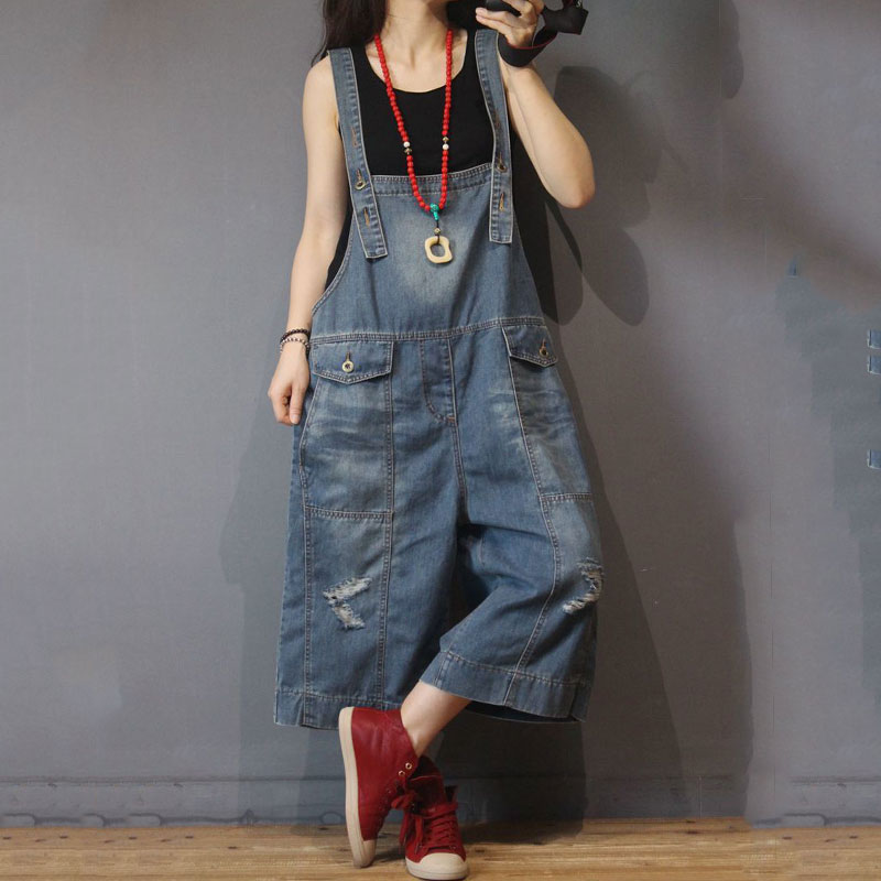 Flap Pockets Wide Leg Dungarees Distressed Jean Overalls in Blue One ...