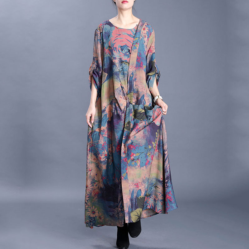 Retro Printing Loose Draped Dress Comfy Silk Galabeya Dress in Blue Red ...