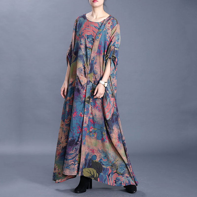 Retro Printing Loose Draped Dress Comfy Silk Galabeya Dress in Blue Red ...