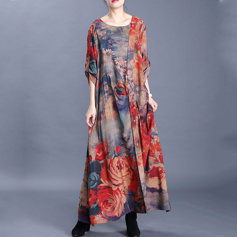 Retro Printing Loose Draped Dress Comfy Silk Galabeya Dress in Blue Red ...