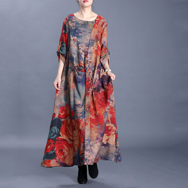 Retro Printing Loose Draped Dress Comfy Silk Galabeya Dress in Blue Red ...