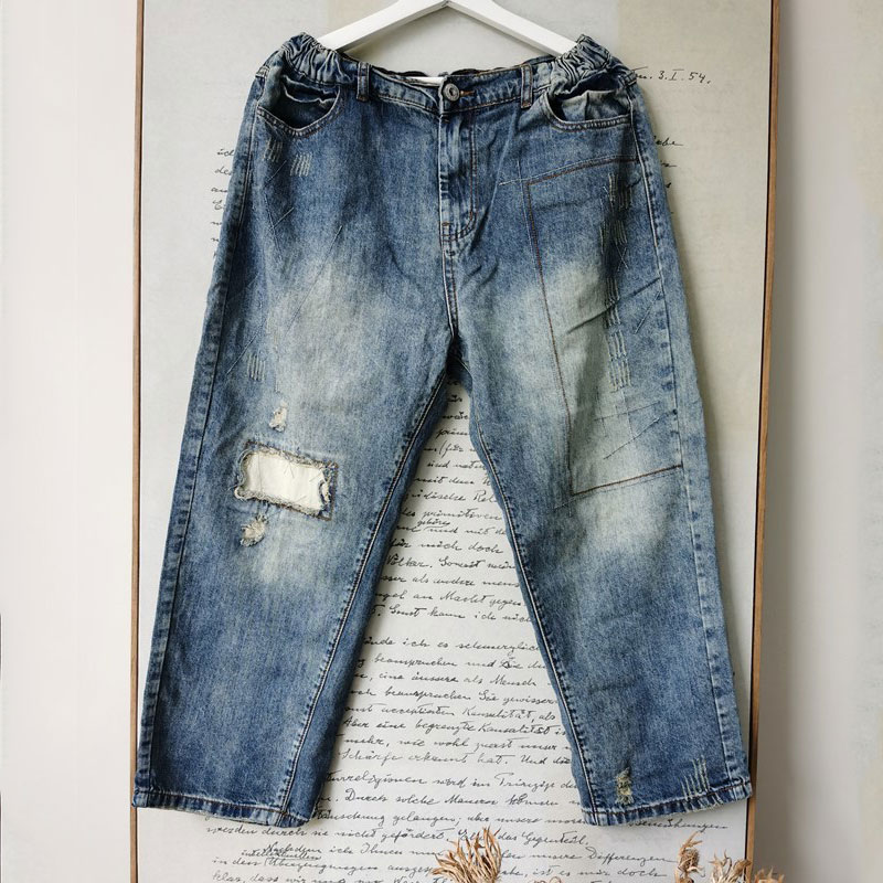 Korean Style Patchwork Ripped Jeans Baggy Wide Leg Jeans in Blue M L ...