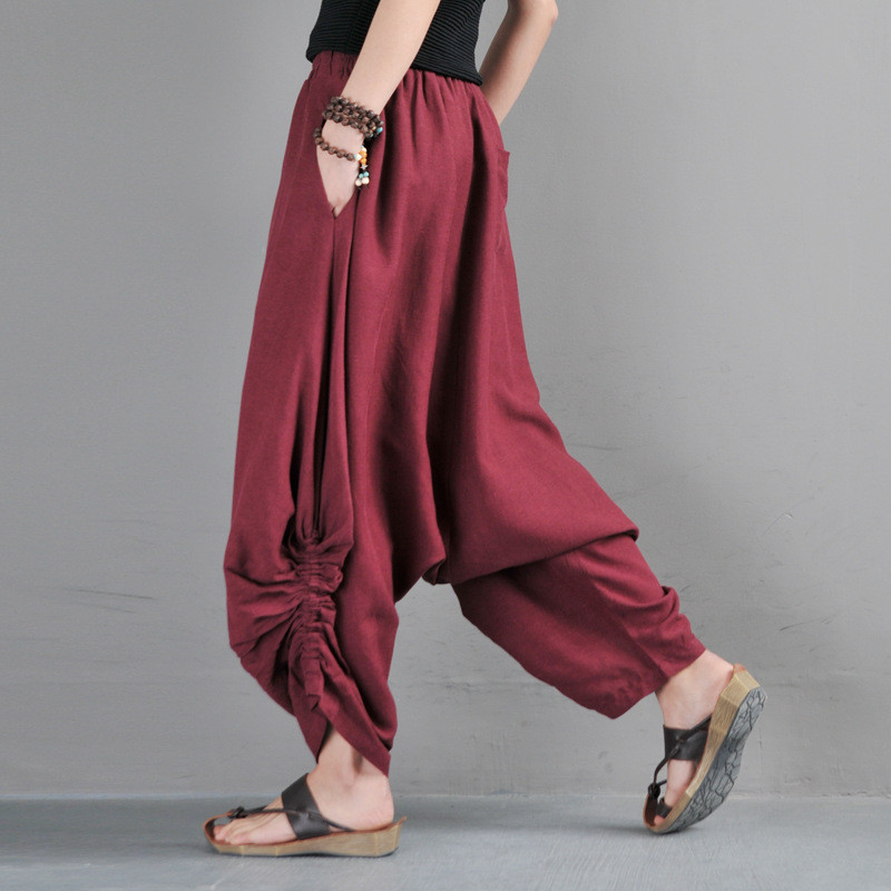 Cotton Linen Drawstring Pants Loose Thai Pants for Women in Burgundy ...