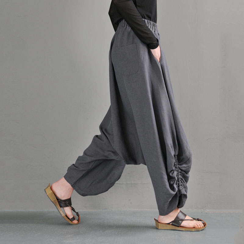 Loose-Fitting Gray Harem Hippie Pants Cotton Linen Resort Wear in Gray ...