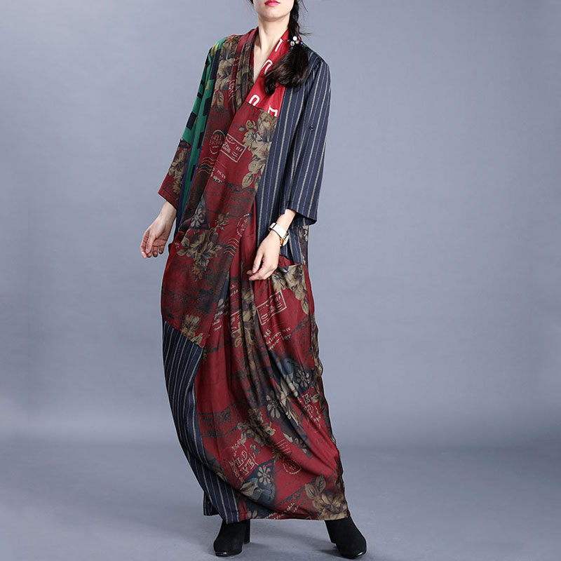 Over50 Style Loose Printed Dress Front Cross Chinese Dress in Dark Red ...