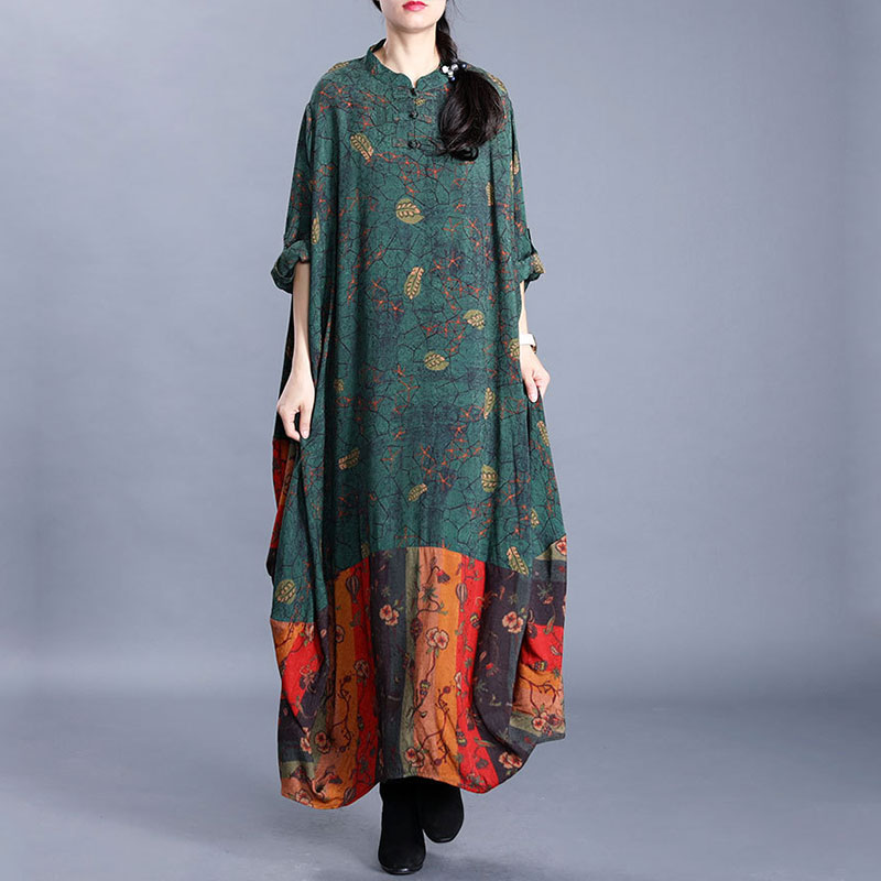 Chinese Style Green Floral Dress Plus Size Flare Dress in Blackish ...