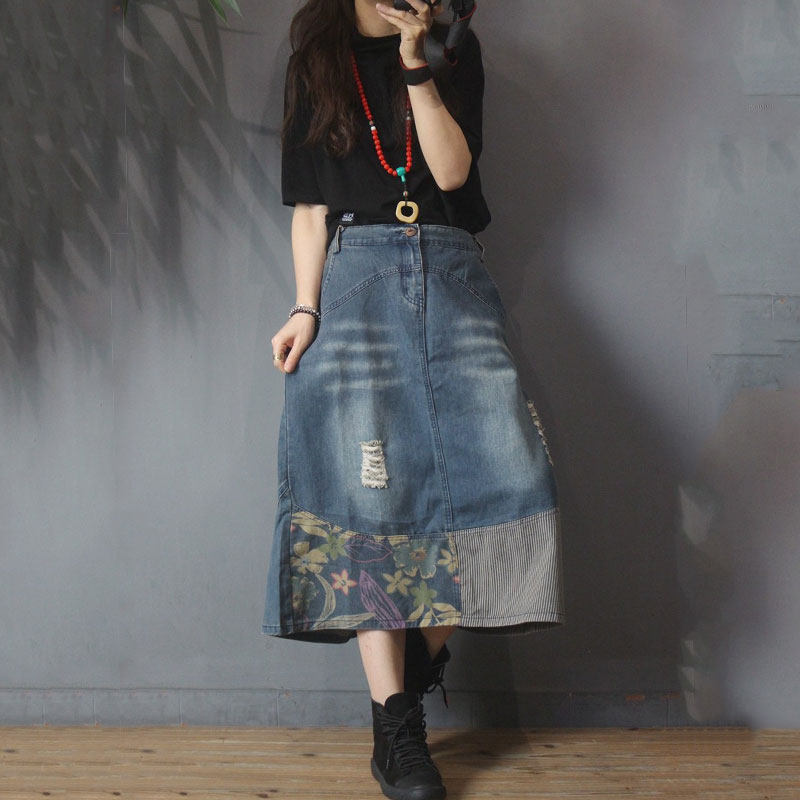 Vintage Printed Denim Maxi Skirt Striped Patchwork A-Line Skirt in Blue ...