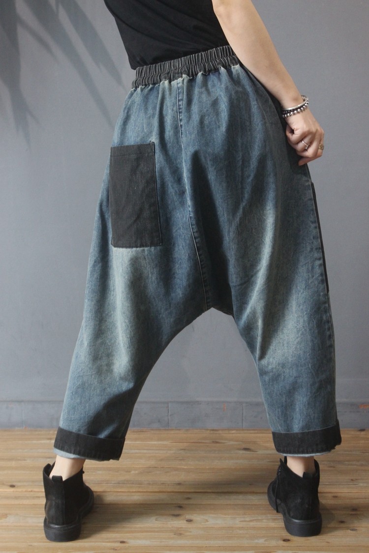 Black Pockets Drawstring Harem Pants Baggy Korean Jeans in Black Blue ...