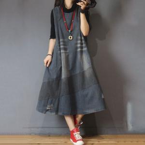 Casual Style Fit and Flare Dress Denim Sleeveless Dress in Denim Blue One  Size 