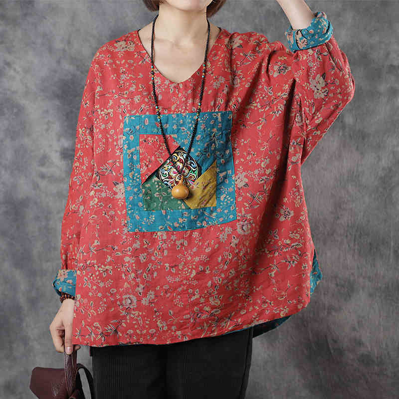 Folk Fashion Linen Embroidered Shirt Plus Size Floral Tunic Blouse in ...