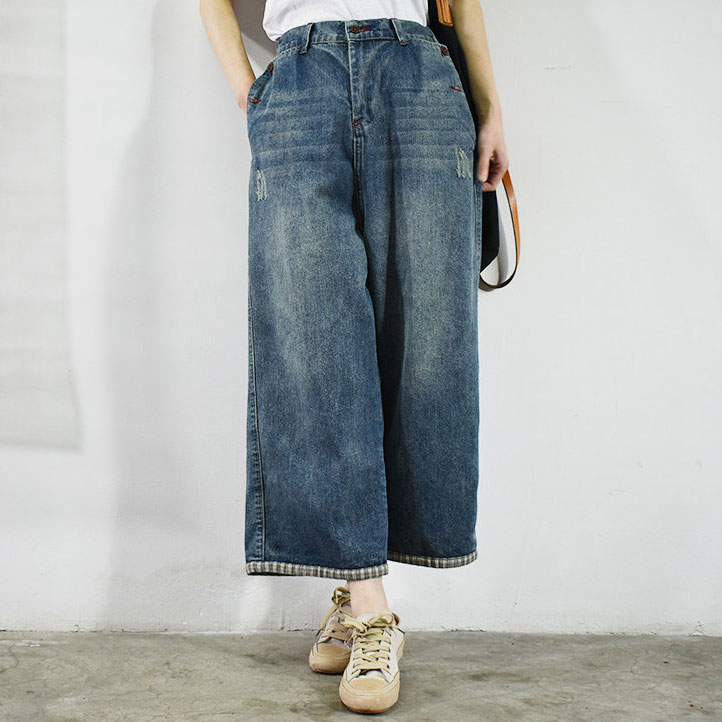 Street Style Wide Leg Cropped Jeans High Rise Culottes Jeans in Blue M ...