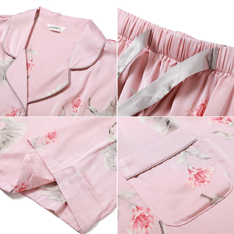 Coconut Leaf Pink Women Sets Silk Satin Sleepwear Sets for Women in ...