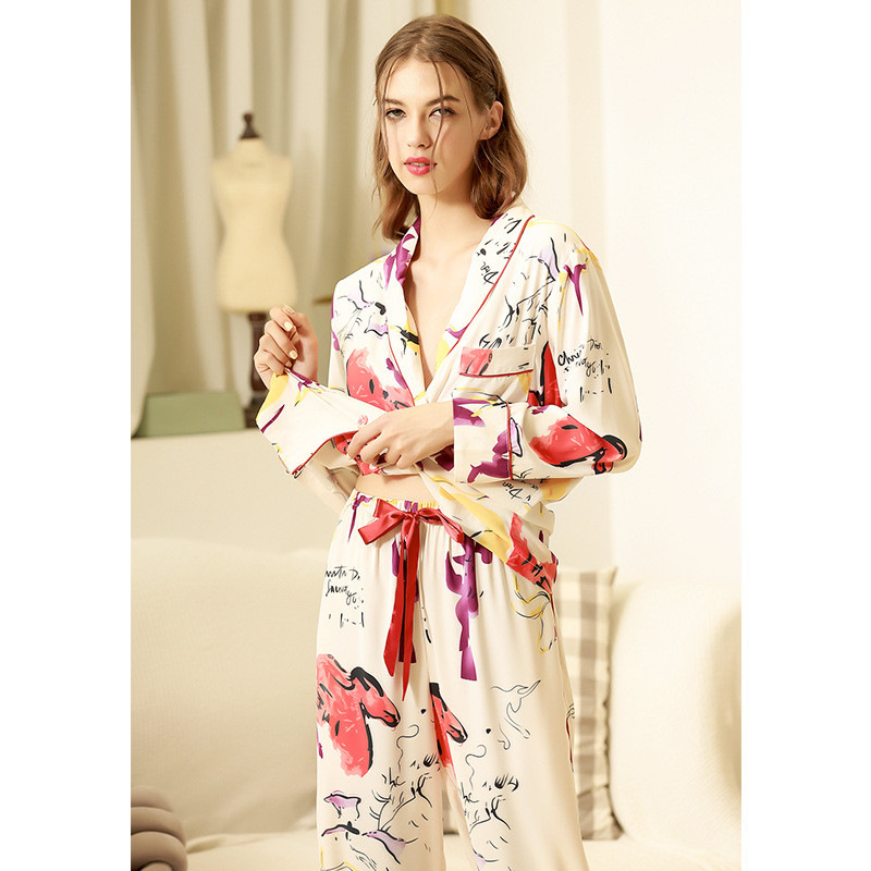 Colorful Abstract Printing Pajama Sets Womens Silk Nightwear in White M ...