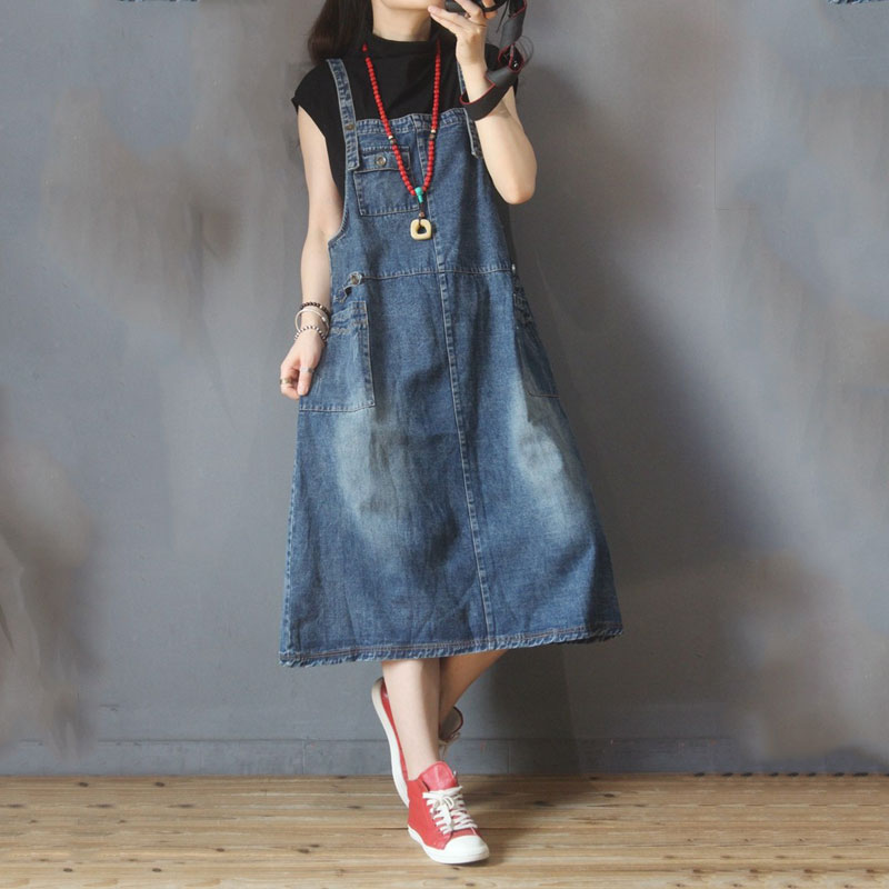 Korean Style Denim A-Line Dress Loose Overall Dress in Blue Black One ...