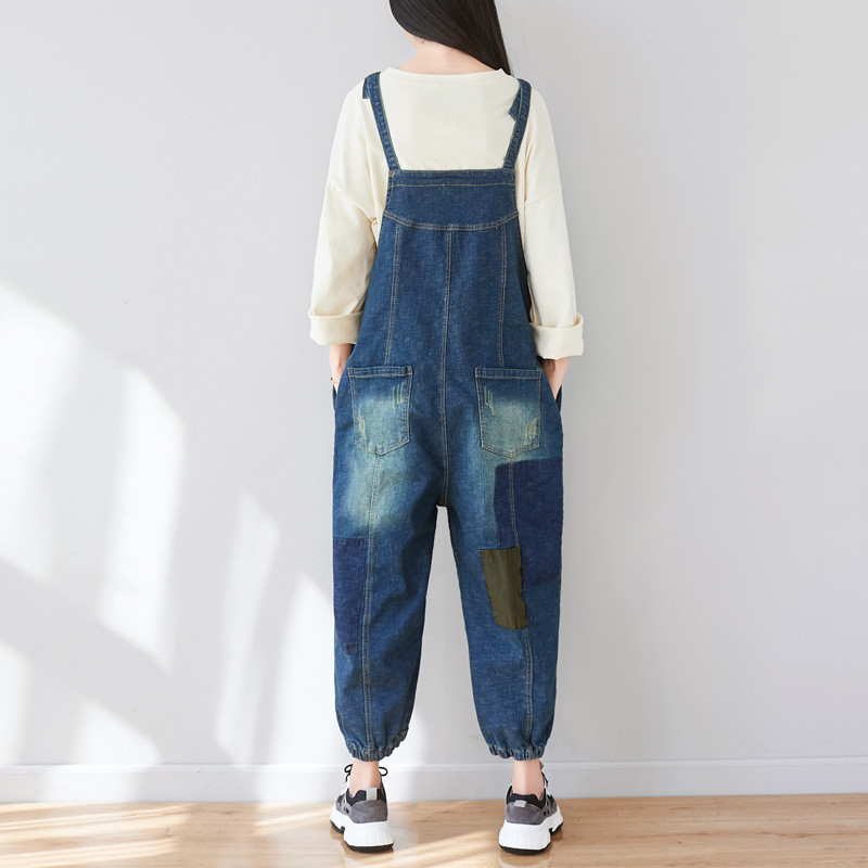 Baggy-Fit Patchwork Jean Overalls Patch Pocket Blue Bootcut Overalls in ...