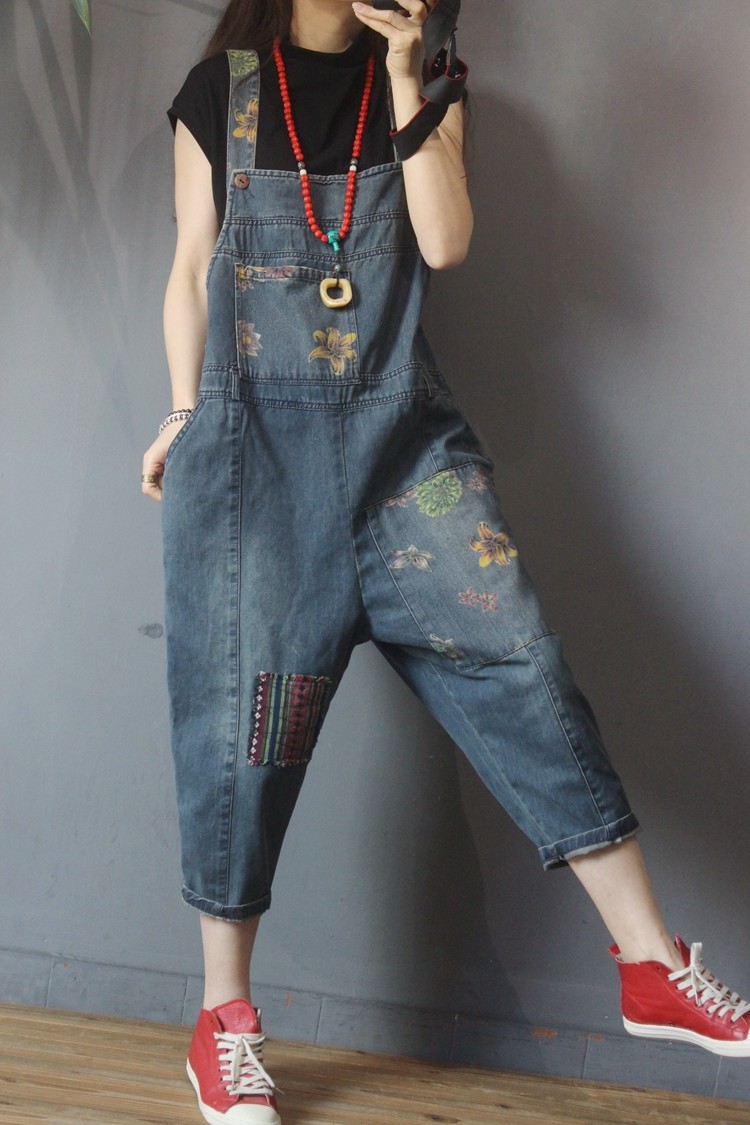 Ethnic Patchwork Dungaree Pants Flowers Pattern Baggy Overalls in Black ...