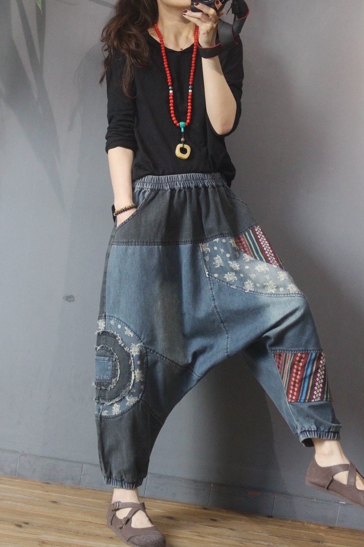 Contrast Colors Harem Jeans Tribe Patchwork Denim Harem Pants in Black ...