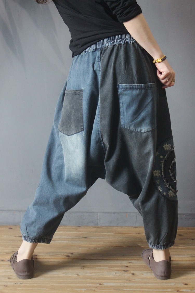 Contrast Colors Harem Jeans Tribe Patchwork Denim Harem Pants In Black Blue One Size 