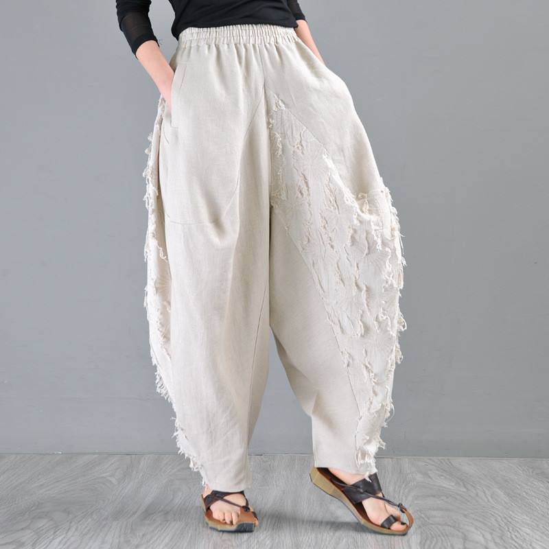 Summer Style Linen Fringed Pants Custom Designer Balloon Pants in Beige ...