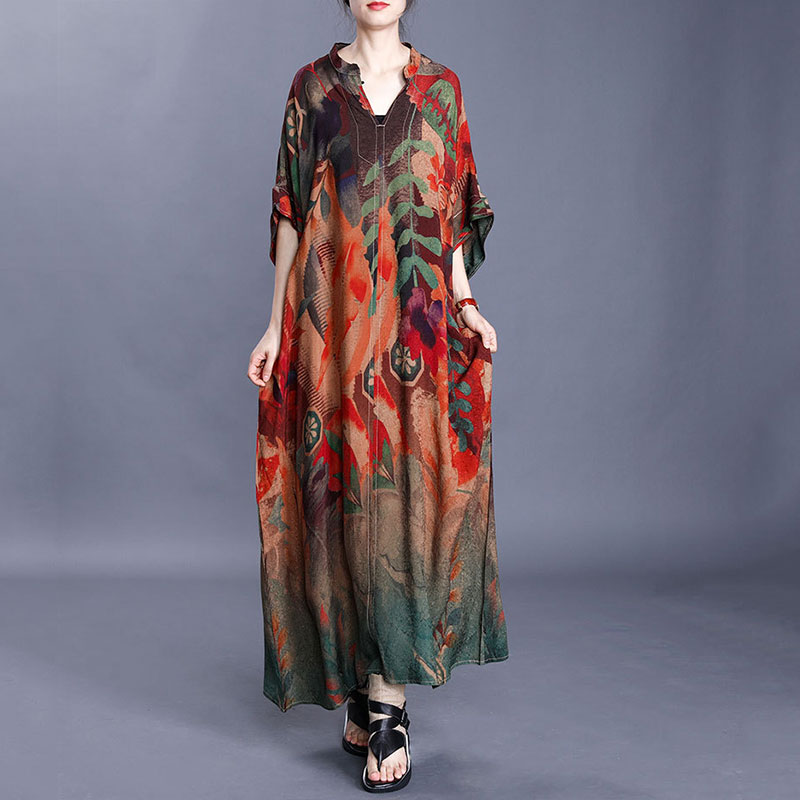 Tropical Printed V-Neck Vintage Maxi Dress Loose Silky Shift Dress in ...