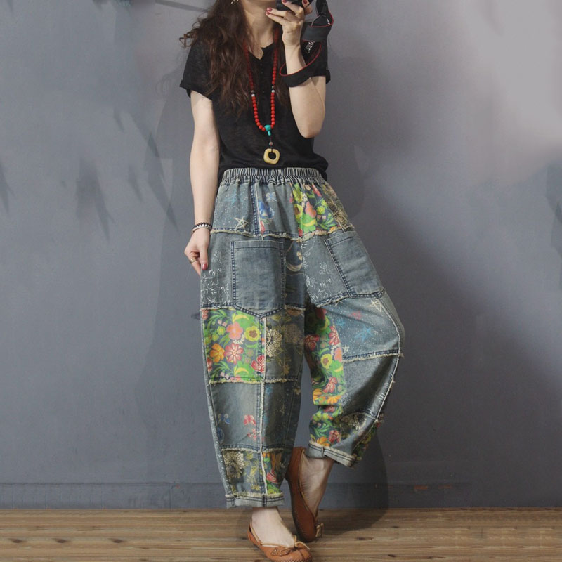 Flowers Patchwork Baggy Dad Jeans Straight Pockets Fringed Jeans in ...