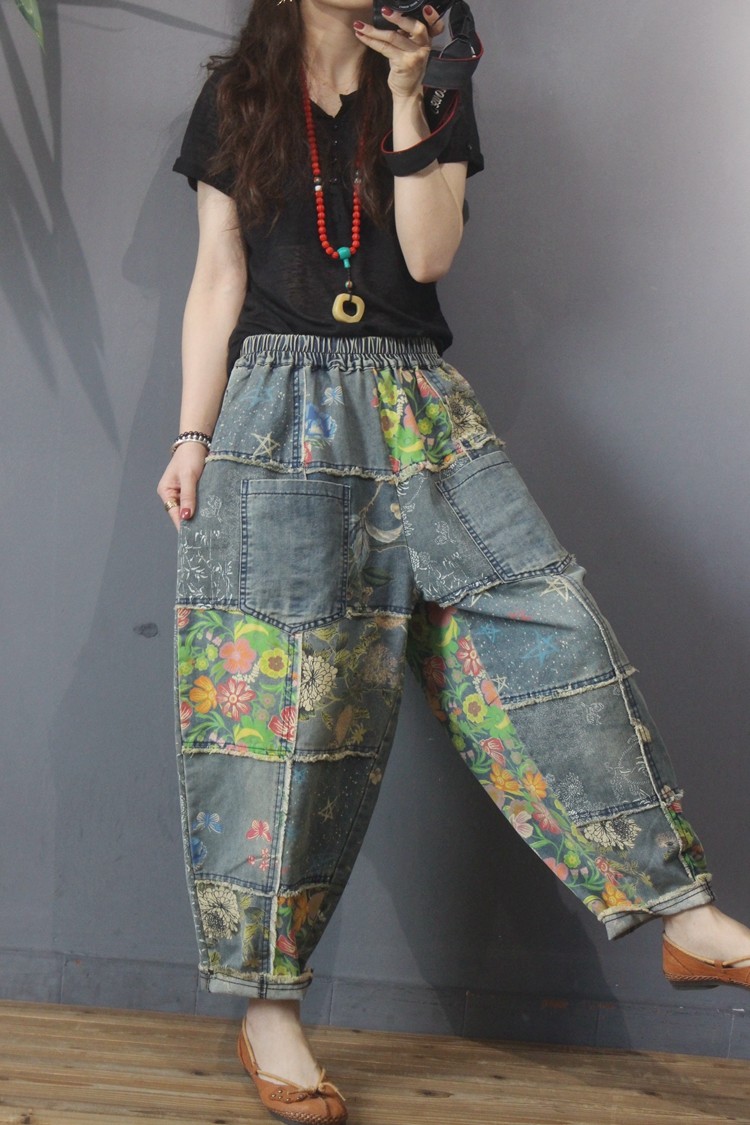 Flowers Patchwork Baggy Dad Jeans Straight Pockets Fringed Jeans in ...