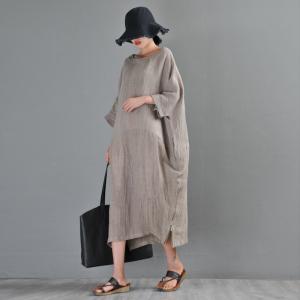 Basic Style Plus Size Linen Dress Half Sleeve Beach Dress in Khaki ...