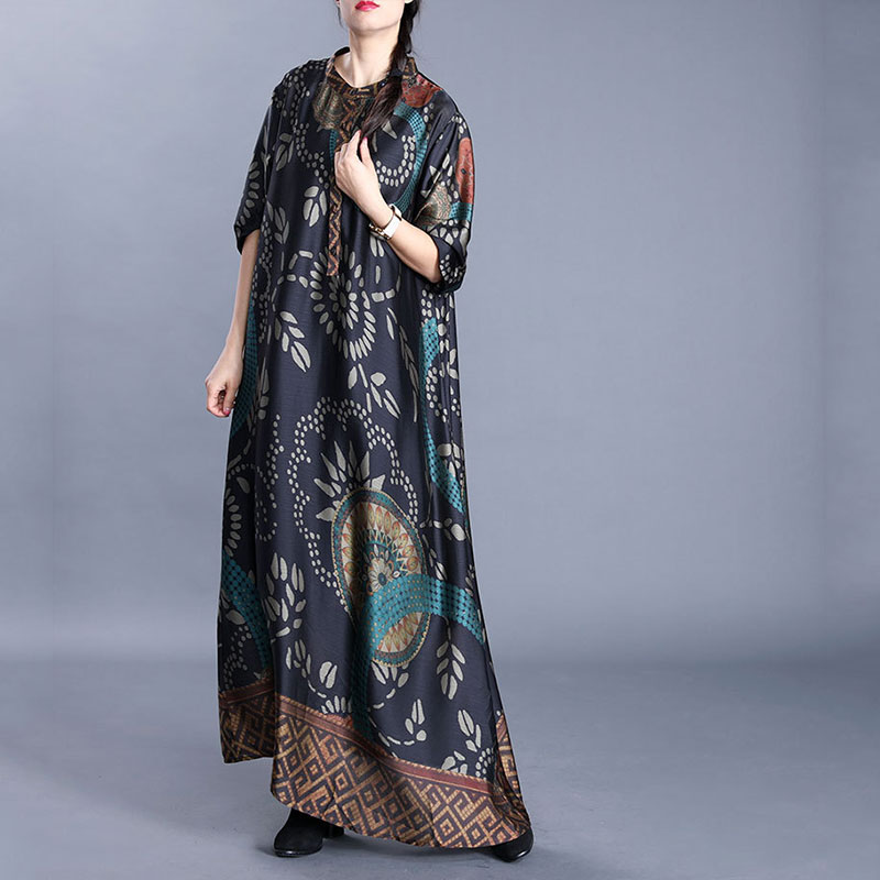 Totem Pattern Silk Modest Dress Loose Maxi Church Dress in Red Black ...