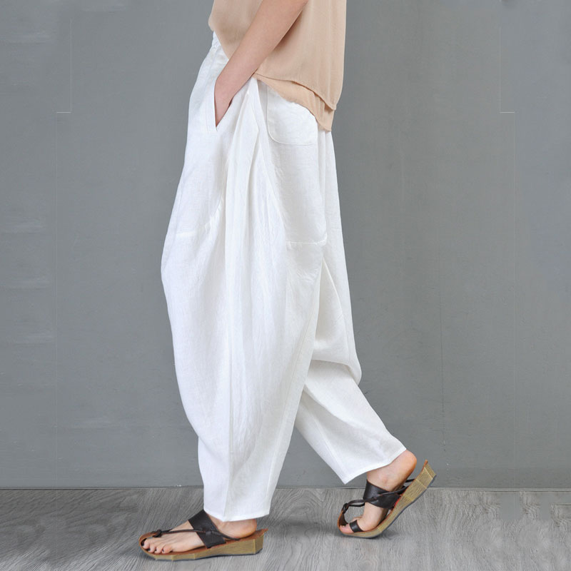 High-End Linen White Bloomers Pants Casual Comfy Hippie Pants in White ...