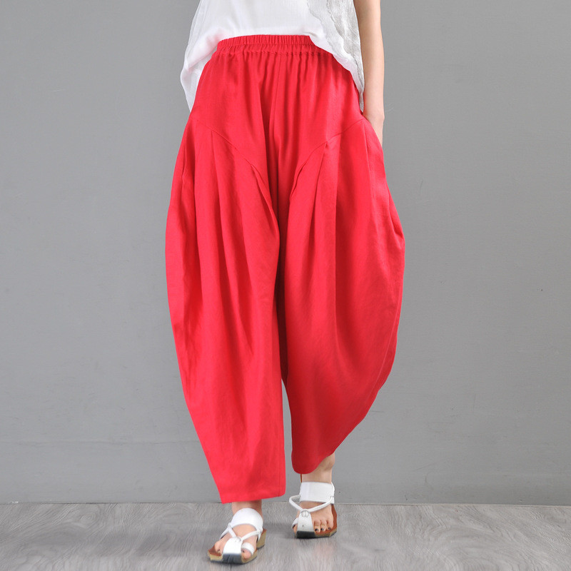 Casual Style Red Balloon Pants Womens Linen Baggy Trousers in Bright ...