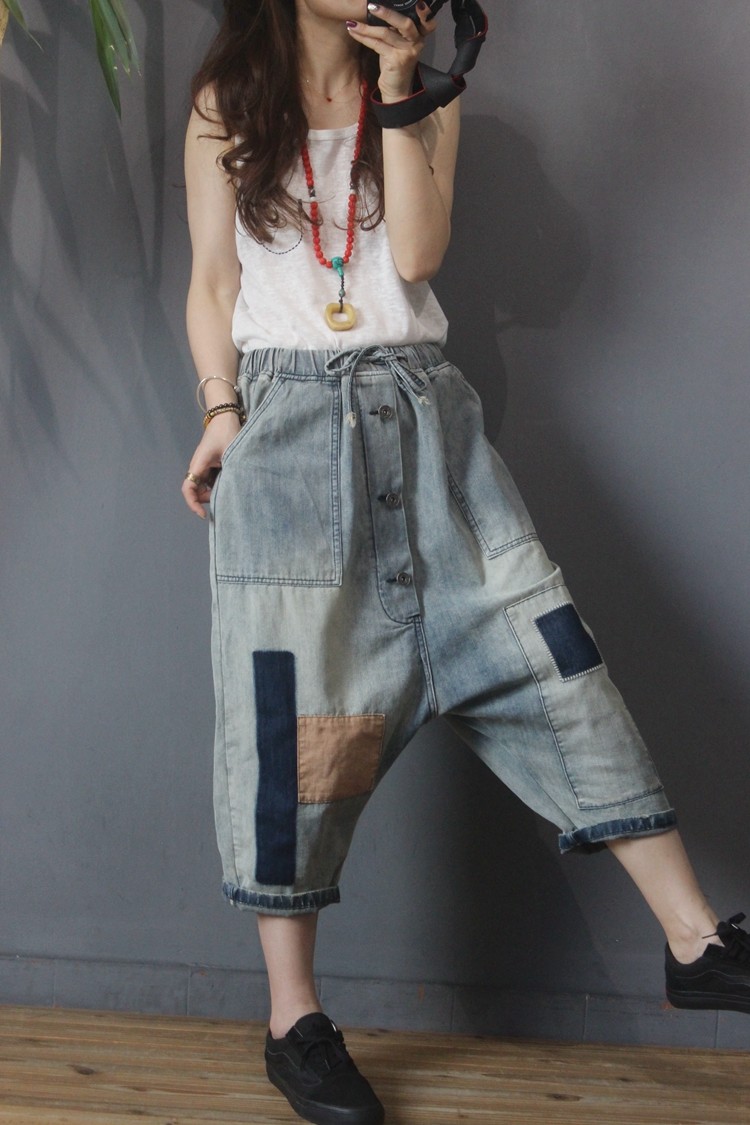 Colored Patchwork Baggy Drawstring Jeans Button Down Harem Jeans in ...