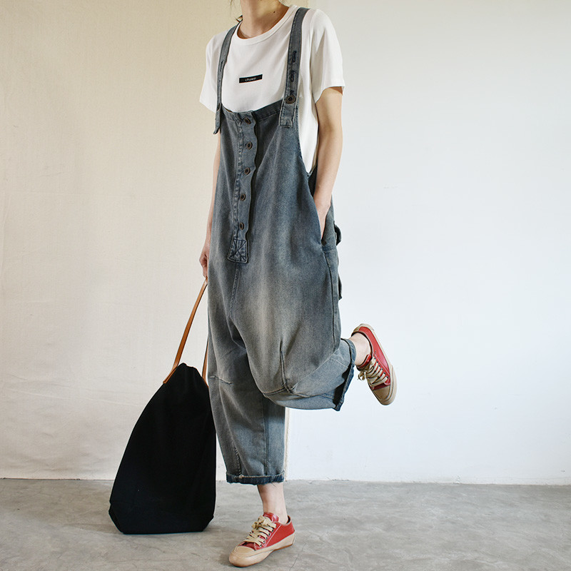 Casual Style Button Down Baggy Overalls Korean Cuffed Dungarees in ...