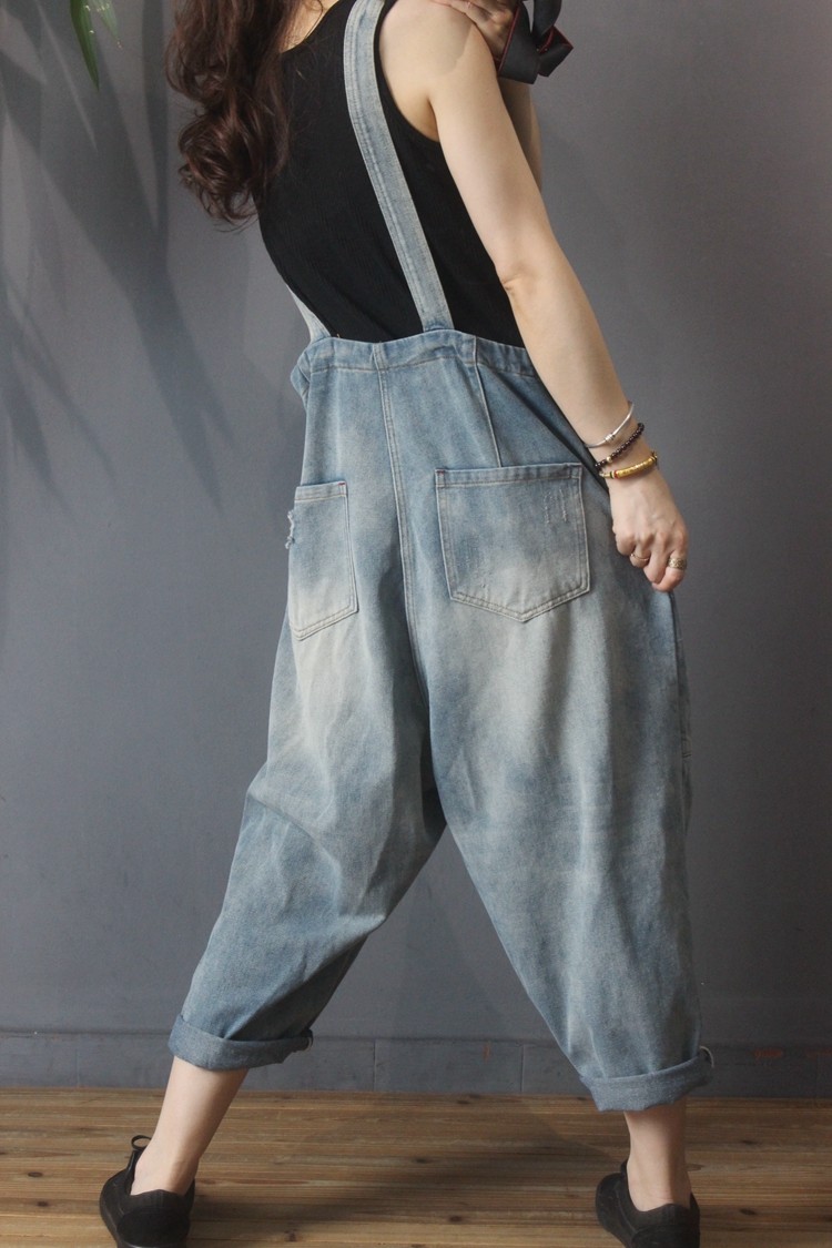 Flap Pockets Womens Denim Dungarees Backless 90s Overalls in Light Blue ...