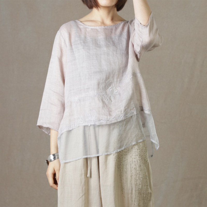 Silk Splicing Embroidered Shirt Ramie Sheer Blouse in Light Gray One ...