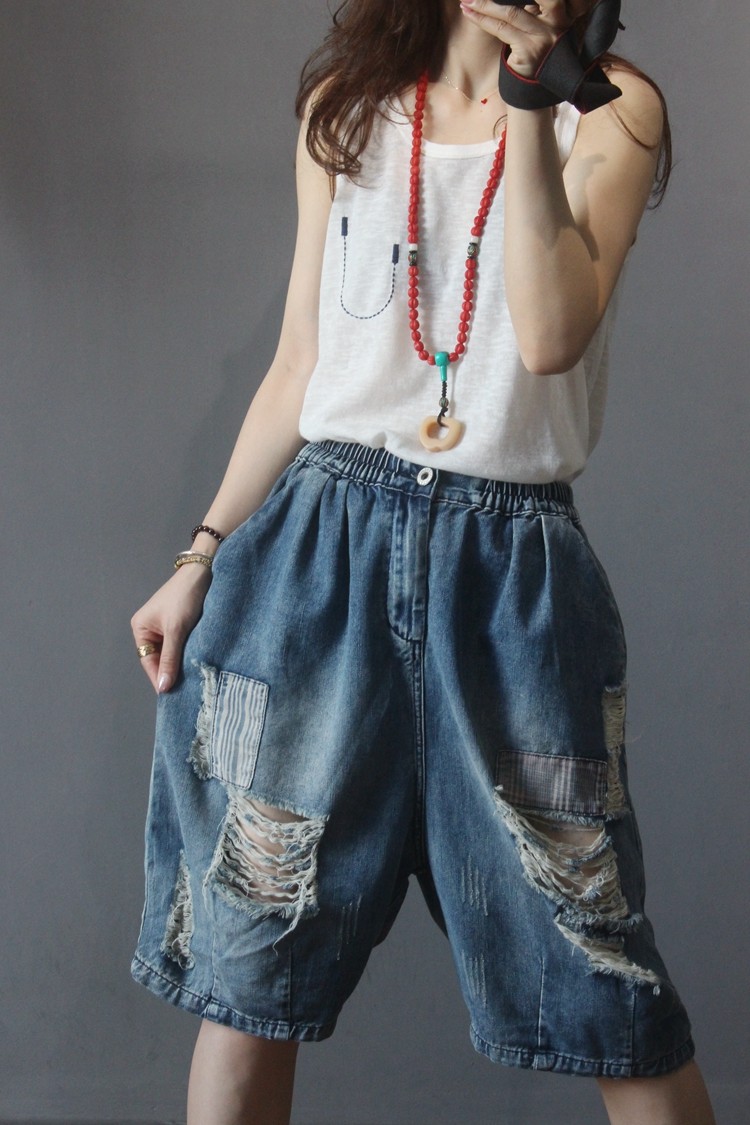 Street Style Patchwork Long Denim Shorts Baggy Distressed Jorts in Blue