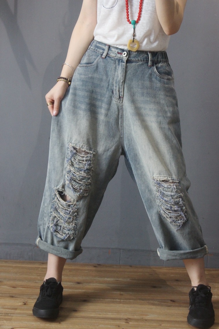 Light Wash Ripped Jeans Baggy Wide Leg Jeans for Women in Light Blue M ...