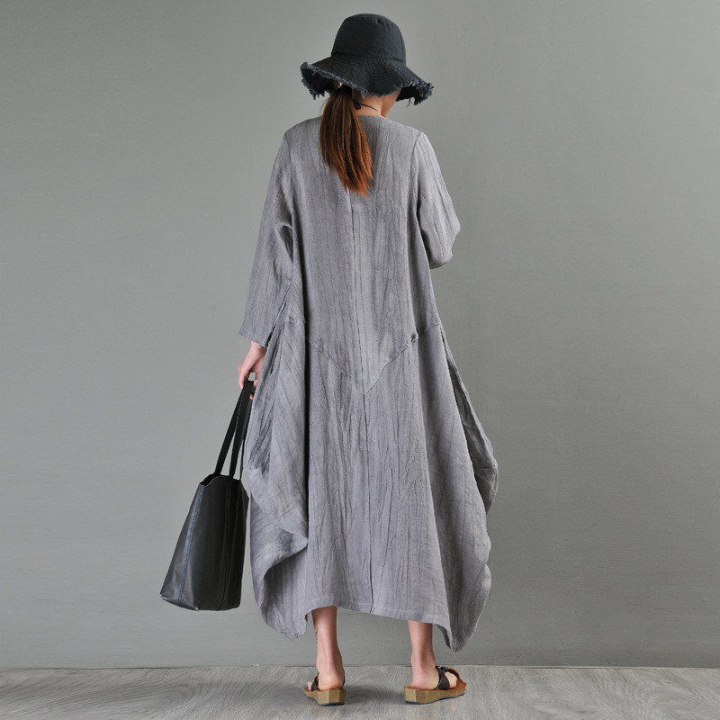 Long Sleeve Gray Fit and Flare Dress Loose Maxi Flax Clothing in Gray ...