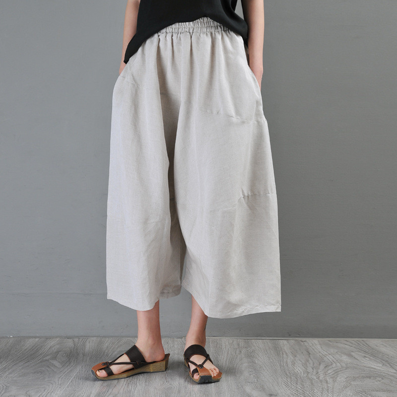 Linen Wide Leg Cropped Pants Beige Wide Leg Trousers in Beige One Size ...