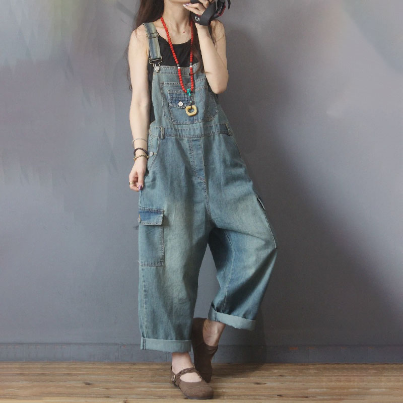 Flap Pockets Fashion Cuffed Overalls Baggy Jean Dungarees in Denim Blue ...